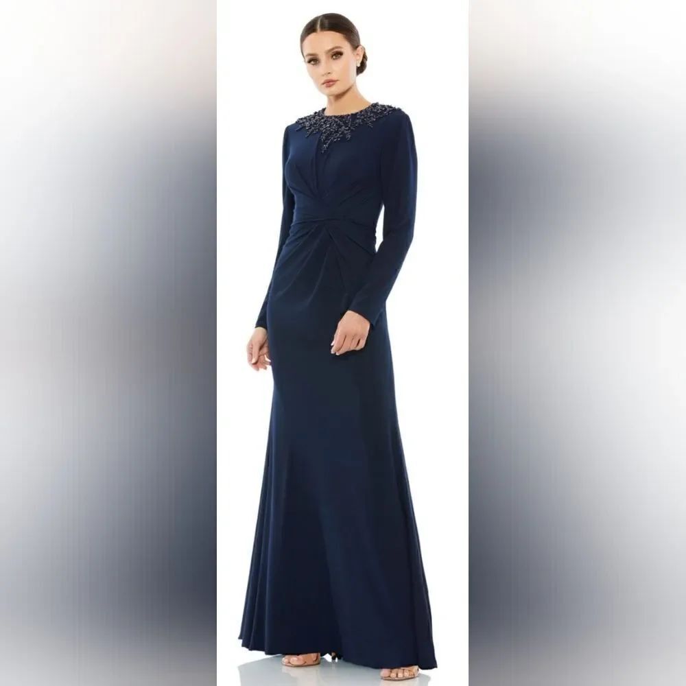 Mac Duggal 55713 Pleated Waist Beaded Neck Dress NWT size 12 Midnight Blue